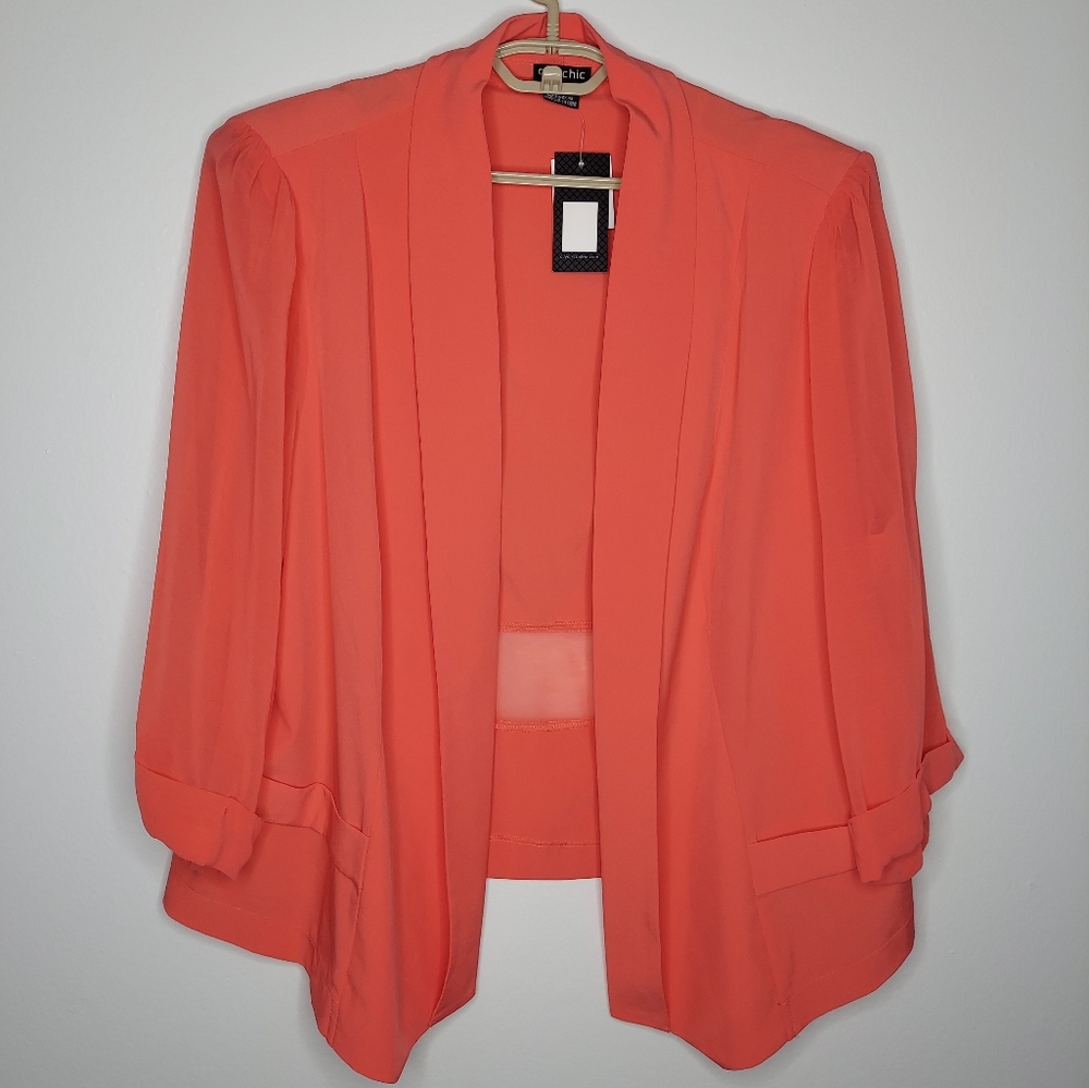 City Chic Blazer Jacket Mesh Sheer Elbow 3/4 Collar Open Front Orange-Pink 24W